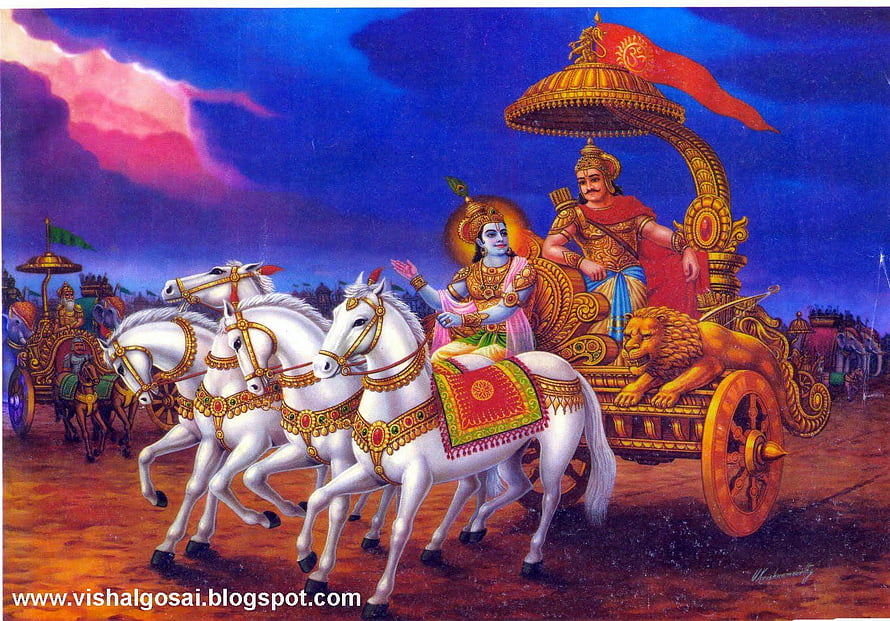 Lord Krishna and Arjuna on the Divine Chariot in the Mahabharata War HD wallpaper