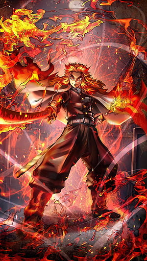 Rengoku Kyojuro from Demon Slayer Wielding Flame Katana in Fiery Battle HD phone wallpaper