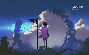 Lenovo IdeaPad Gaming Concept Art: Silhouette of a Girl with Flag in a Ruined Landscape HD wallpaper