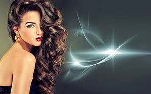 Elegant Woman With Voluminous Curls And Red Lipstick Against Abstract Light Flare, Beauty Parlour Services At Home, beauty salon women HD wallpaper