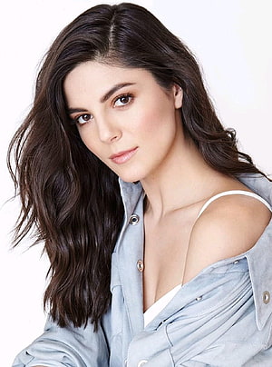 Monica Barbaro Studio Portrait in Light Blue Off-Shoulder Jacket HD phone wallpaper