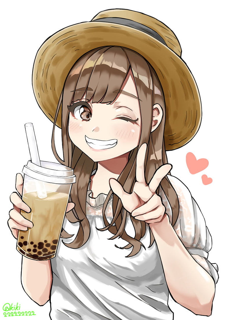 Anime Girl in Straw Hat Winking While Holding a Cup of Bubble Tea HD phone wallpaper