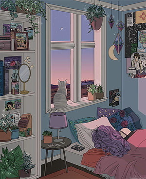 Cozy Bedroom Interior with Cat on Windowsill and Purple-Haired Girl Sleeping at Dusk HD phone wallpaper