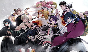 Demon Slayer Hashira Group Artwork Featuring Nine Pillar Swordsmen in Dynamic Combat Poses HD wallpaper