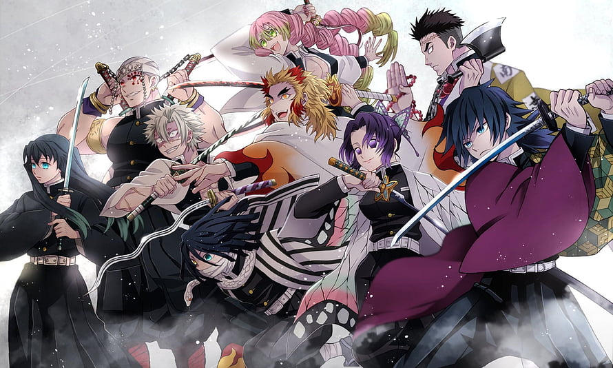 Demon Slayer Hashira Group Artwork Featuring Nine Pillar Swordsmen in Dynamic Combat Poses HD wallpaper