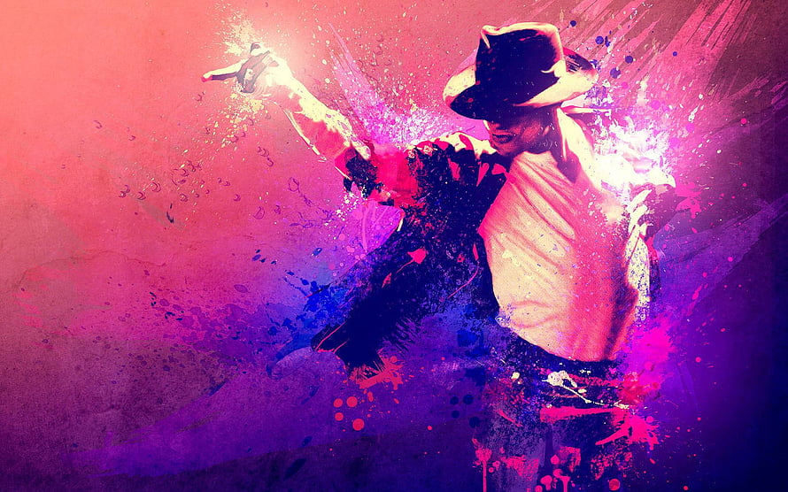 Michael Jackson Dynamic Performance Art with Vibrant Paint Splatter and Neon Color Gradients HD wallpaper
