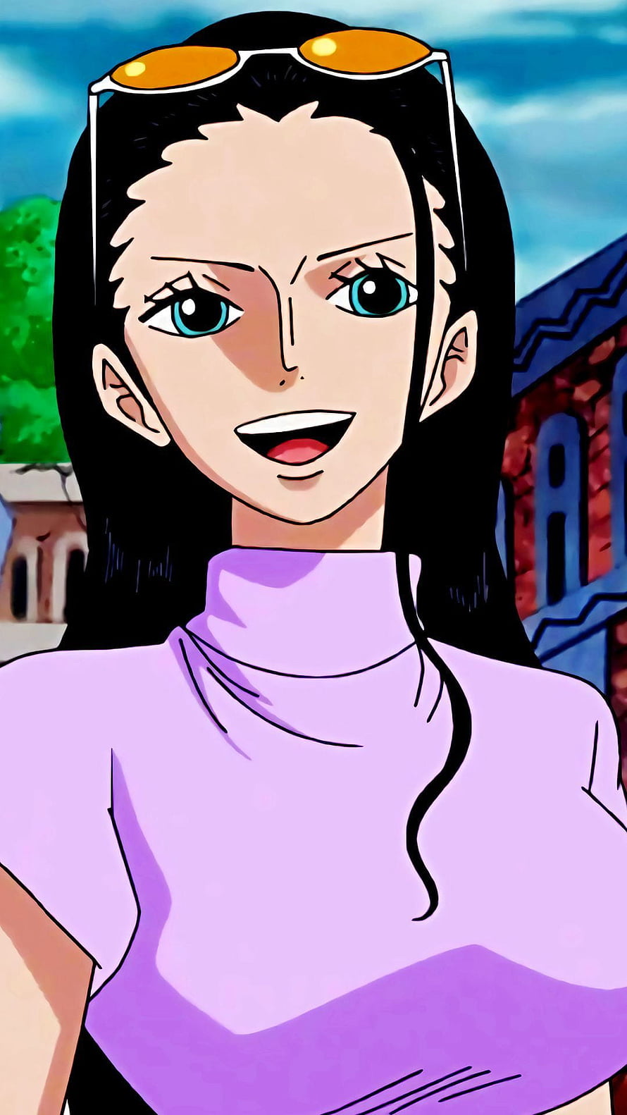 Nico Robin from One Piece in a purple turtleneck with orange sunglasses on her head HD phone wallpaper