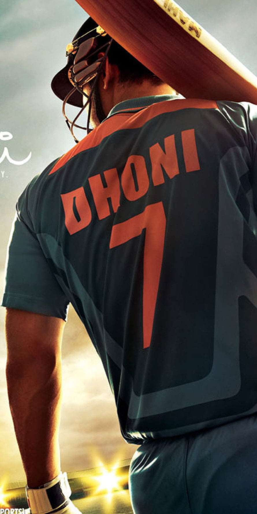 MS Dhoni Cricket Jersey Back View with Bat and Helmet at Sunset HD phone wallpaper