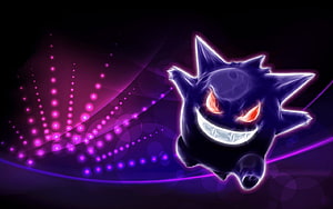 Gengar from Pokemon with glowing red eyes and a menacing grin against a dark purple bokeh background HD wallpaper
