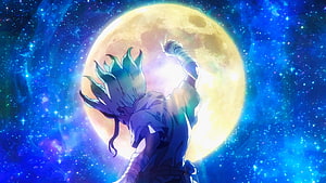 Dr. Stone Senku Ishigami Reaching for the Moon in a Cosmic Starfield HD wallpaper