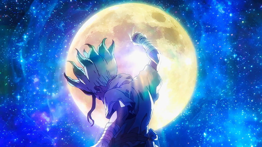 Dr. Stone Senku Ishigami Reaching for the Moon in a Cosmic Starfield HD wallpaper