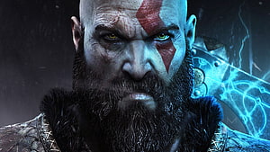 Kratos God of War Close-Up Portrait With Red Face Paint and Glowing Blade HD wallpaper