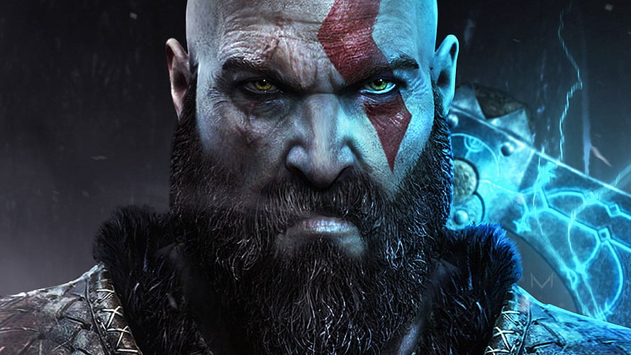 Kratos God of War Close-Up Portrait With Red Face Paint and Glowing Blade HD wallpaper