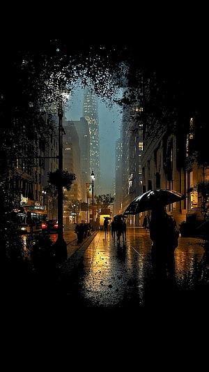 Moody Rainy City Street at Night with Silhouetted Pedestrians and Umbrellas HD phone wallpaper