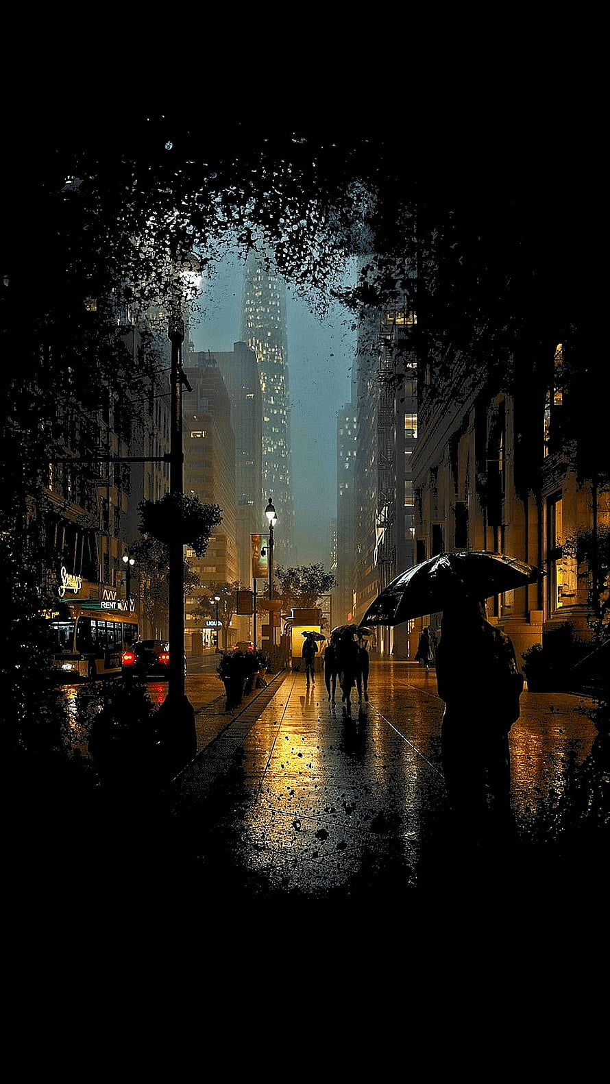 Moody Rainy City Street at Night with Silhouetted Pedestrians and Umbrellas HD phone wallpaper