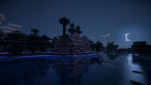 Minecraft Night Landscape with Snowy Terrain and Starry Sky Reflection HD wallpaper