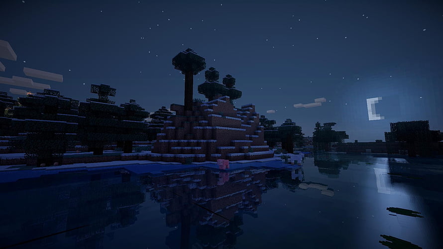 Minecraft Night Landscape with Snowy Terrain and Starry Sky Reflection HD wallpaper
