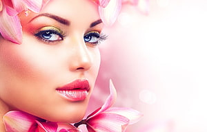 Elegant Beauty Portrait With Pink Floral Accents And Soft Glam Makeup HD wallpaper