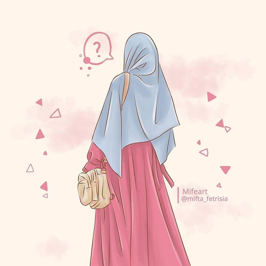 Hijabi Girl in Blue Headscarf and Pink Dress with Question Mark Illustration HD phone wallpaper