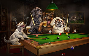 Anthropomorphic Dogs Playing Pool in a Dimly Lit Library with Beer and Cigarettes HD wallpaper