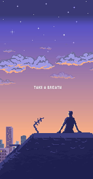 Lofi Pixel Art Meditation Scene with Sunset Sky and City Skyline HD phone wallpaper