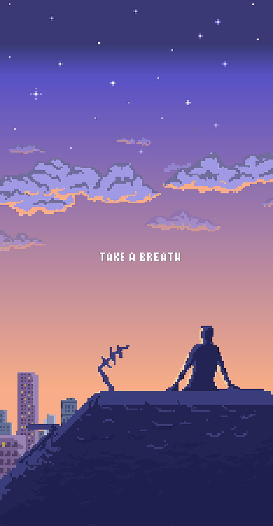 Lofi Pixel Art Meditation Scene with Sunset Sky and City Skyline HD phone wallpaper