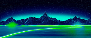 Retro Synthwave Mountain Landscape with Neon Grid and Starry Night Sky HD wallpaper