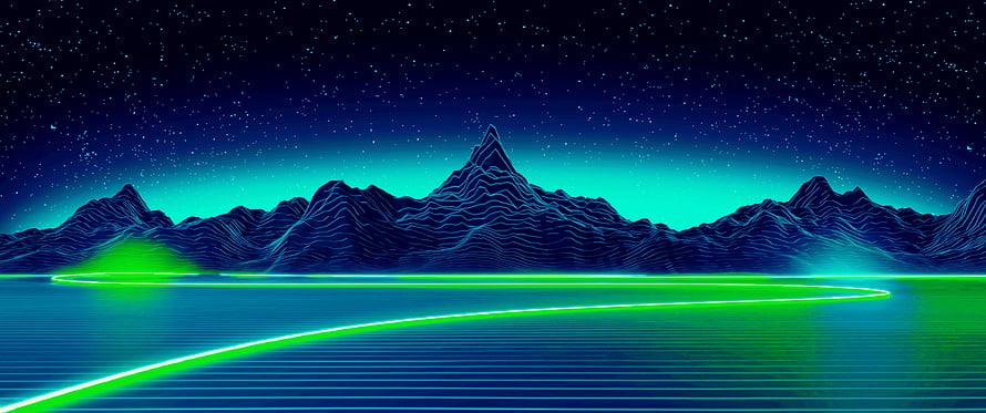 Retro Synthwave Mountain Landscape with Neon Grid and Starry Night Sky HD wallpaper