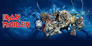 Iron Maiden Band Artwork Featuring Eddie and Monster Horde Against Dark Blue Stormy Sky HD wallpaper