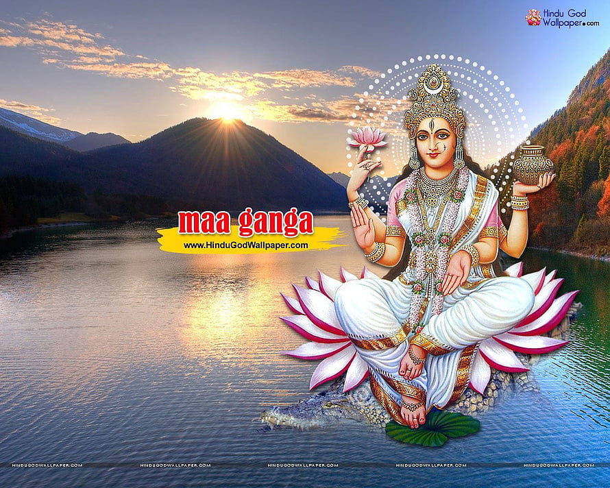 Maa Ganga Seated on Lotus in Himalayan Lake at Sunrise with Sacred Pot and Lotus Flower HD wallpaper