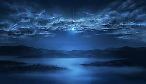 Mystical Moonlit Night Over Misty Mountains and Cloudy Sky HD wallpaper