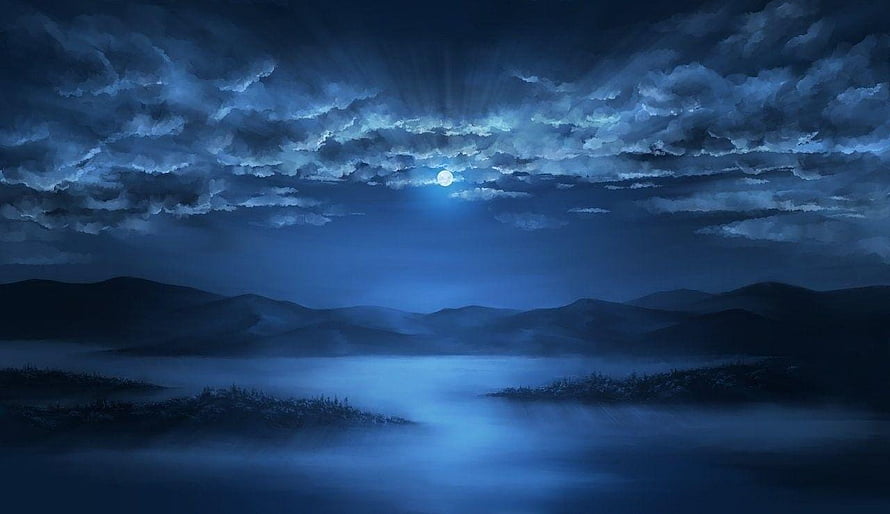 Mystical Moonlit Night Over Misty Mountains and Cloudy Sky HD wallpaper