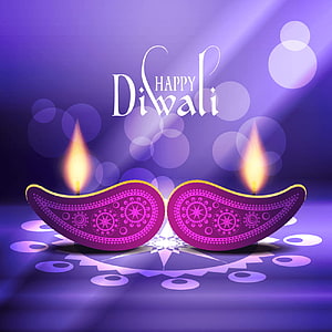 Festive Diwali Greeting Card with Ornate Diya Lamps and Purple Bokeh Background HD phone wallpaper