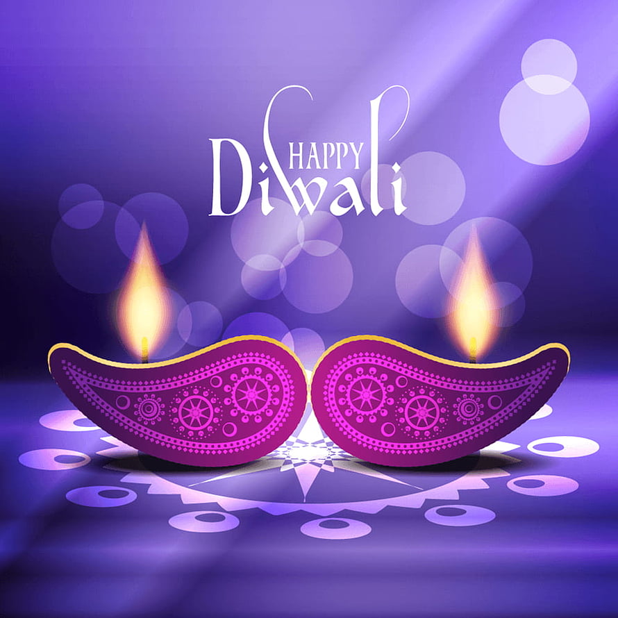 Festive Diwali Greeting Card with Ornate Diya Lamps and Purple Bokeh Background HD phone wallpaper