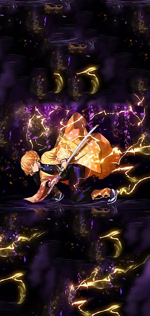 Zenitsu Agatsuma wielding his sword in a dynamic anime battle scene with golden lightning effects HD phone wallpaper