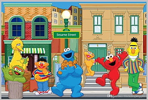 Sesame Street Characters Including Elmo, Cookie Monster, and Big Bird on the 123 Street Corner HD wallpaper