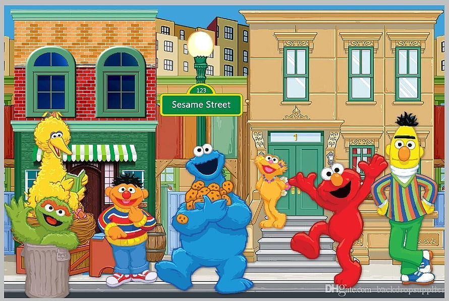 Sesame Street Characters Including Elmo, Cookie Monster, and Big Bird on the 123 Street Corner HD wallpaper