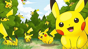 Pikachu and Friends Playing in a Sunny Forest Clearing HD wallpaper