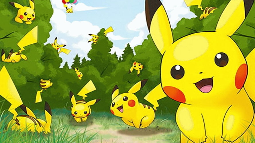 Pikachu and Friends Playing in a Sunny Forest Clearing HD wallpaper