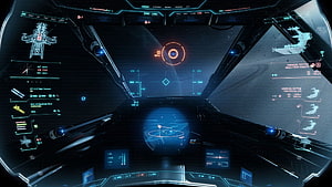 Sci-Fi Spaceship Cockpit Interior with Holographic HUD and Starfield View HD wallpaper
