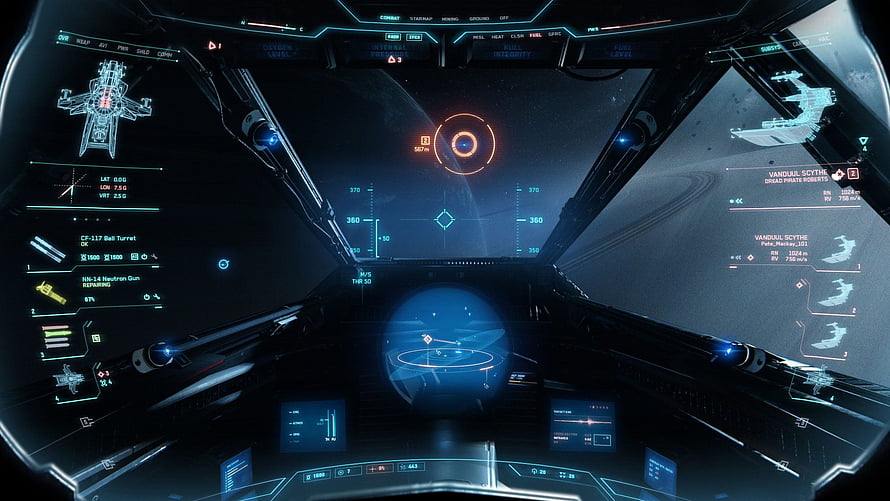 Sci-Fi Spaceship Cockpit Interior with Holographic HUD and Starfield View HD wallpaper
