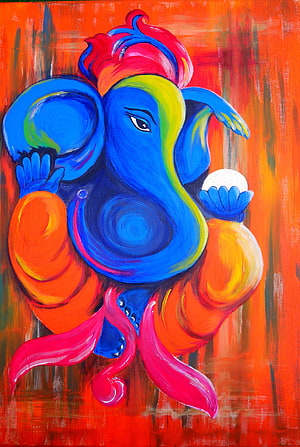 Vibrant Ganesha Acrylic Painting with Bold Blue and Orange Hues HD phone wallpaper