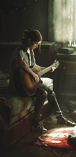 Ellie Playing Acoustic Guitar in a Dimly Lit Room from The Last of Us Part II HD phone wallpaper