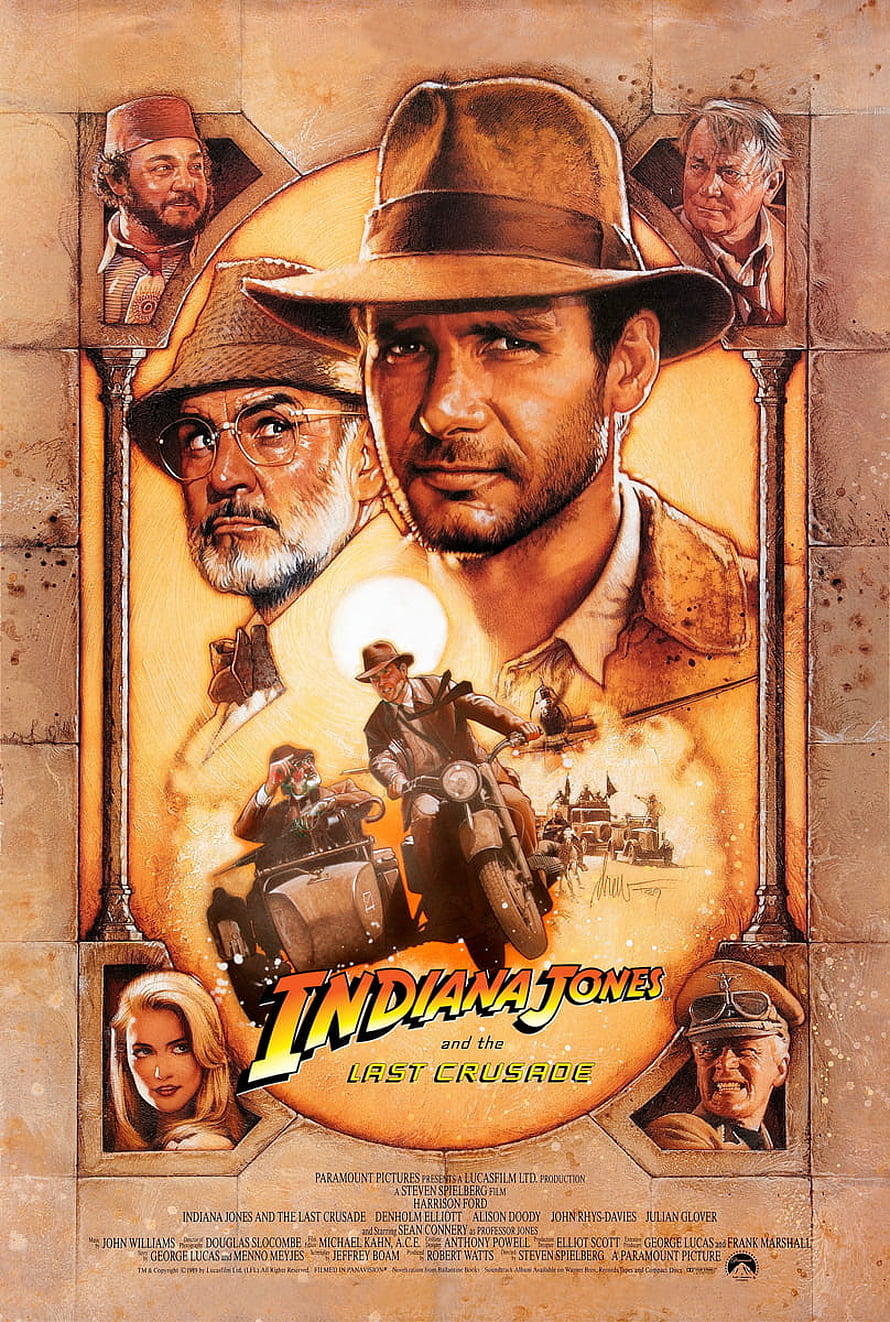 Indiana Jones and the Last Crusade Movie Poster with Character Portraits and Motorcycle Chase Scene HD phone wallpaper