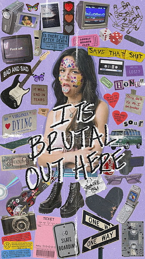 Olivia Rodrigo Sour Aesthetic Collage with Brutal Out Here Text and Y2K Vintage Objects HD phone wallpaper