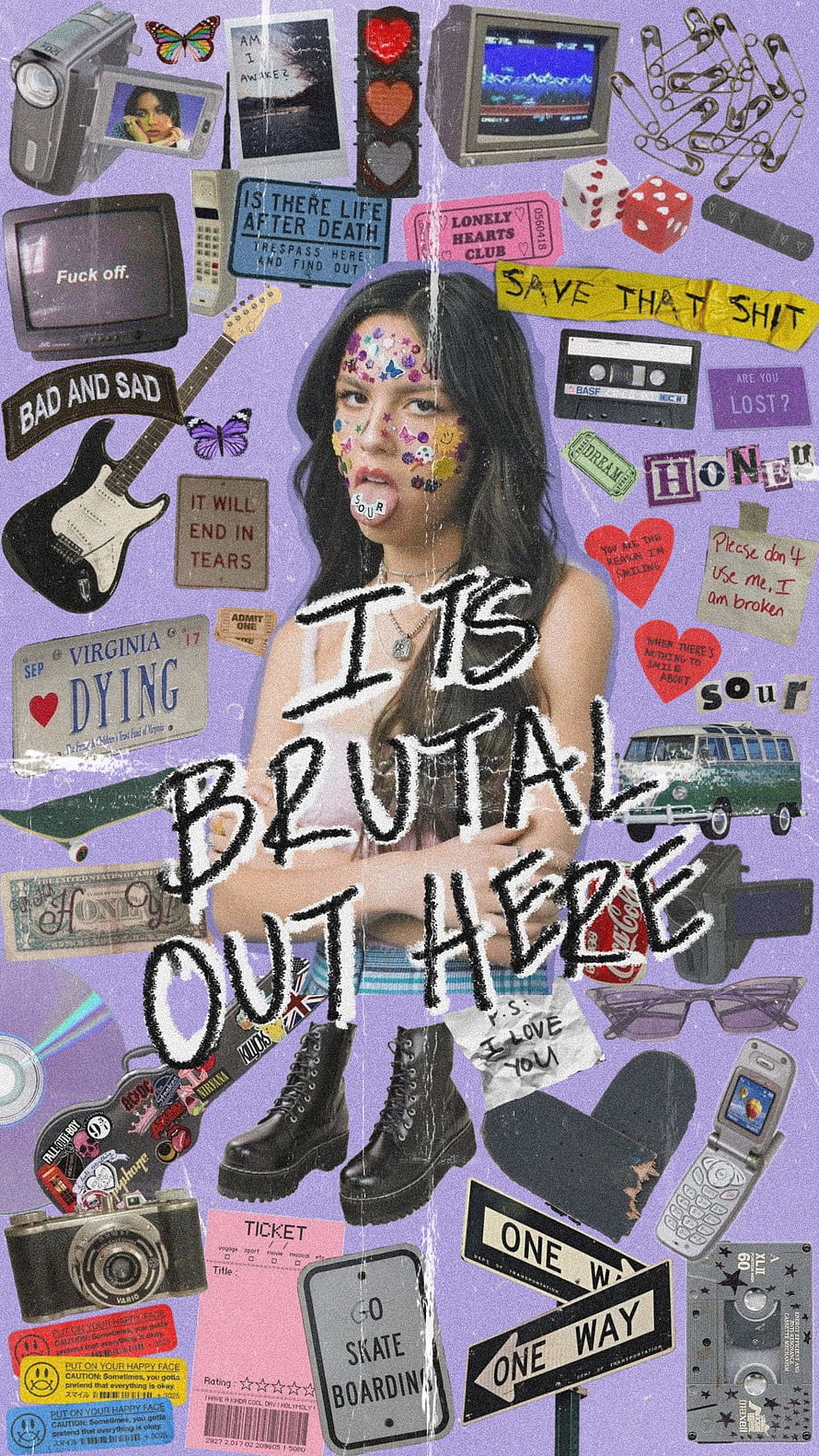Olivia Rodrigo Sour Aesthetic Collage with Brutal Out Here Text and Y2K Vintage Objects HD phone wallpaper
