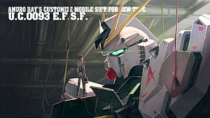 Amuro Ray Standing Before Customized Gundam Mobile Suit in Hangar Bay HD wallpaper