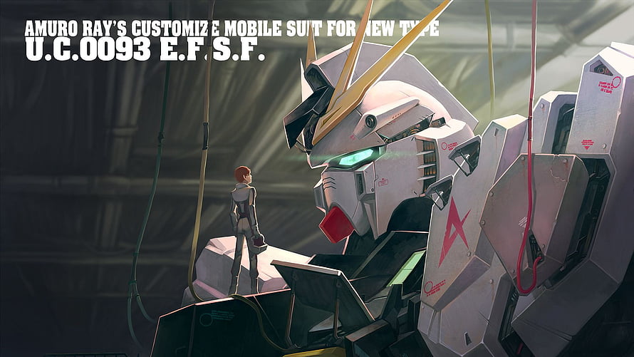 Amuro Ray Standing Before Customized Gundam Mobile Suit in Hangar Bay HD wallpaper