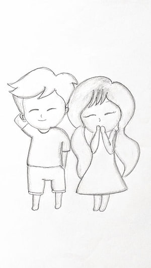Cute Chibi Boy and Girl Pencil Sketch Drawing HD phone wallpaper