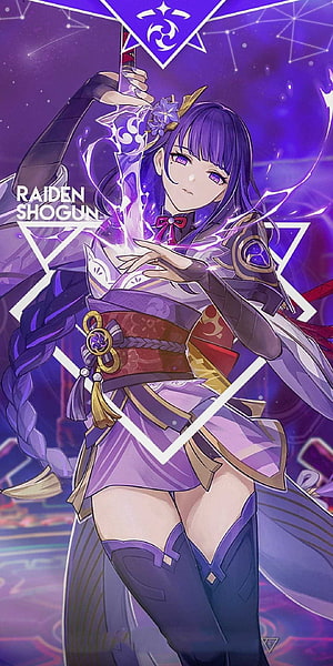 Raiden Shogun from Genshin Impact wielding her electro katana in a dynamic purple and blue anime illustration HD phone wallpaper